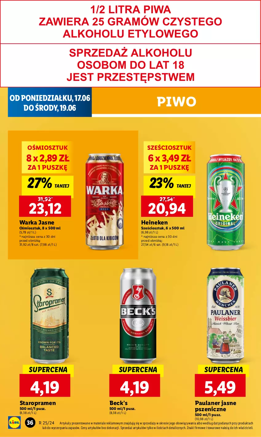 Gazetka promocyjna Lidl - GAZETKA - ważna 17.06 do 19.06.2024 - strona 38 - produkty: Heineken, Piwo, Warka