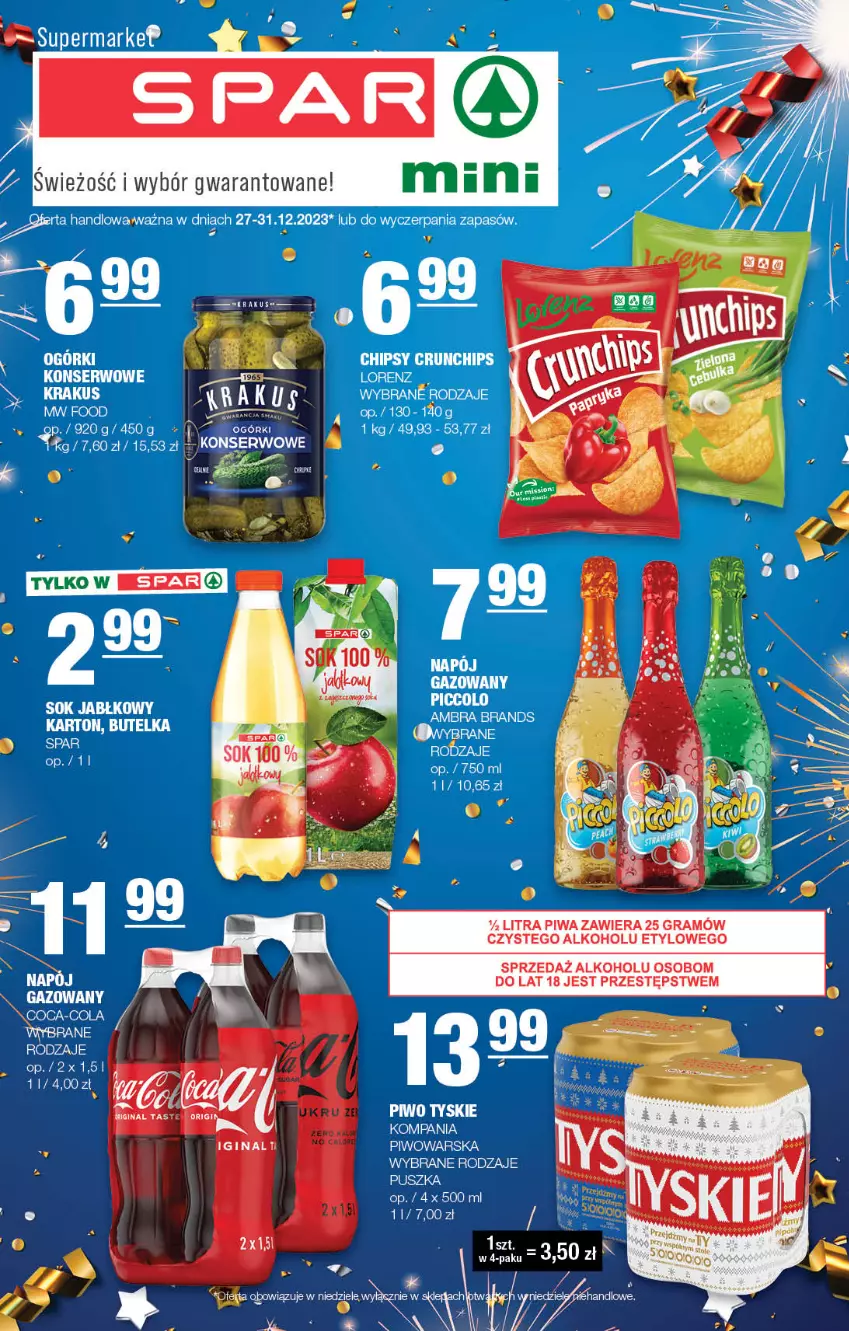 Gazetka promocyjna Spar - Spar-Mini - ważna 26.12.2023 do 05.01.2024 - strona 1 - produkty: Coca-Cola, Gin, Gra, Krakus, Lorenz, Piwa, Piwo, Ser, Sok, Sok jabłkowy, Tyskie