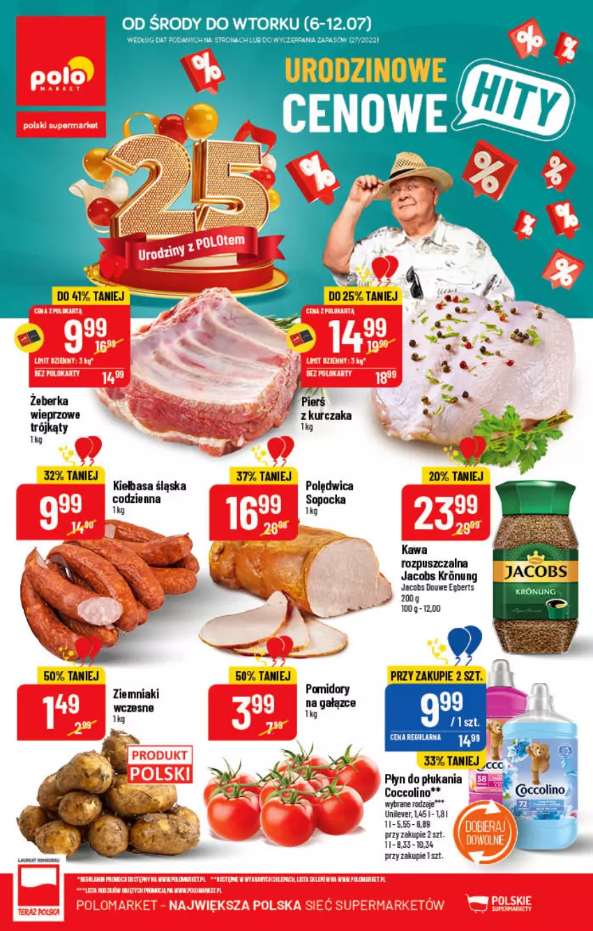 Gazetka promocyjna PoloMarket - Gazetka pomocyjna - ważna 06.07 do 12.07.2022 - strona 1 - produkty: Coccolino, Fa, Jacobs, Kawa, Kiełbasa, Kiełbasa śląska, Kurczak, Płyn do płukania, Polędwica, Pomidory, Ziemniaki