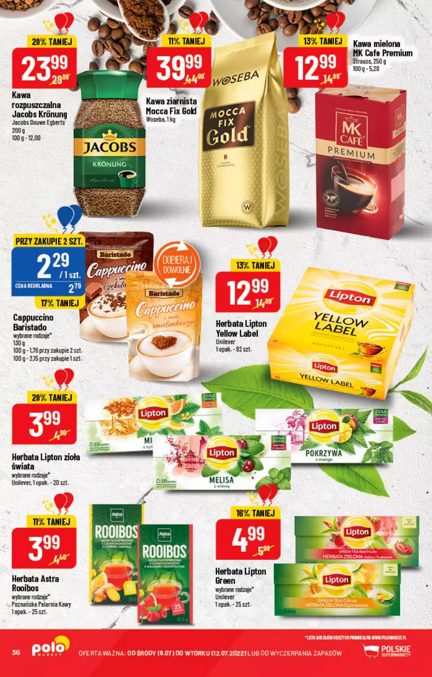 Gazetka promocyjna PoloMarket - Gazetka pomocyjna - ważna 06.07 do 12.07.2022 - strona 36 - produkty: Herbata, Jacobs, Kawa, Kawa mielona, Lipton, Mocca Fix Gold, Woseba