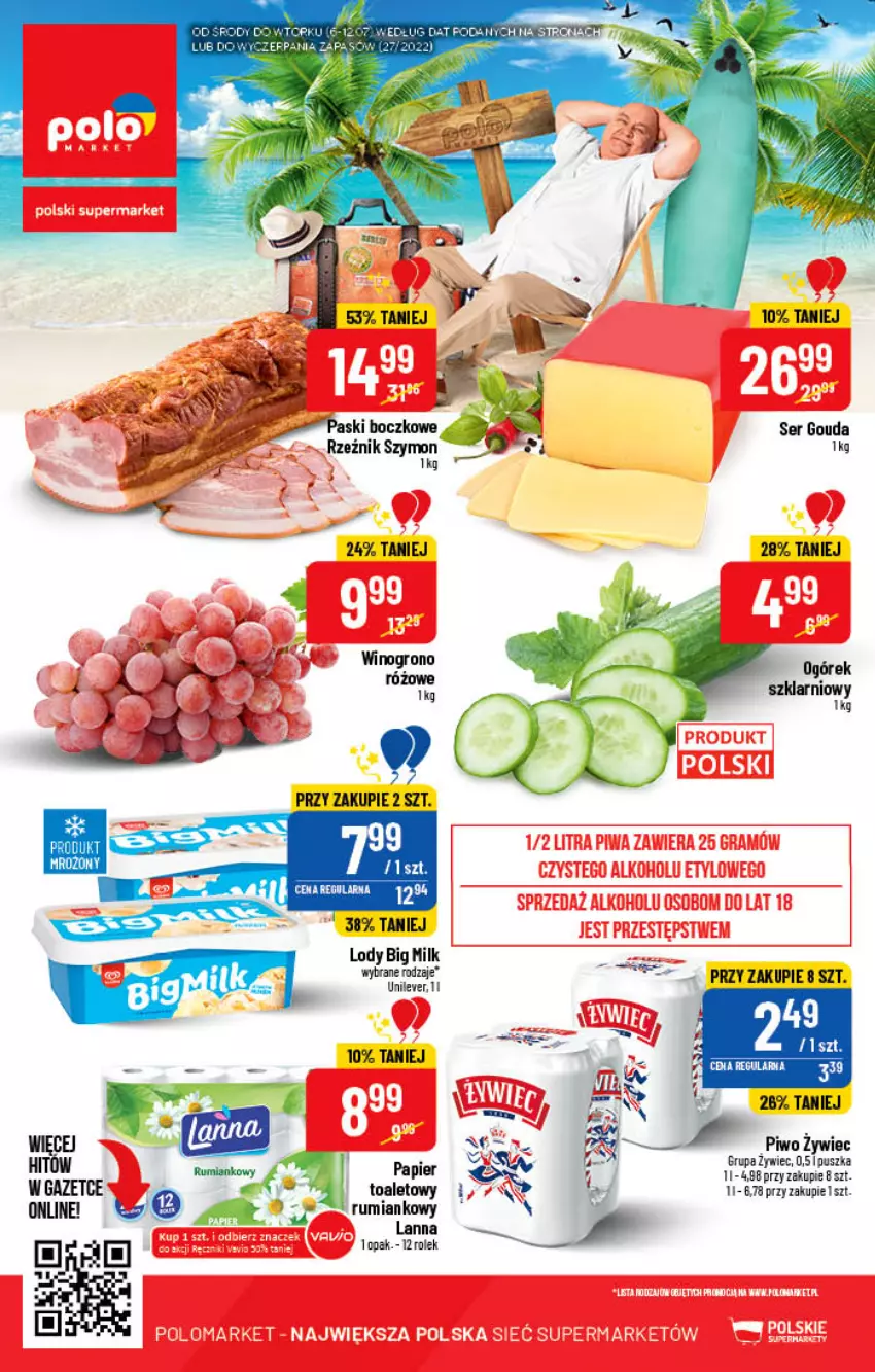 Gazetka promocyjna PoloMarket - Gazetka pomocyjna - ważna 06.07 do 12.07.2022 - strona 60 - produkty: Big Milk, Gouda, Lody, Ogórek, Papier, Piwo, Rum, Ser, Wino