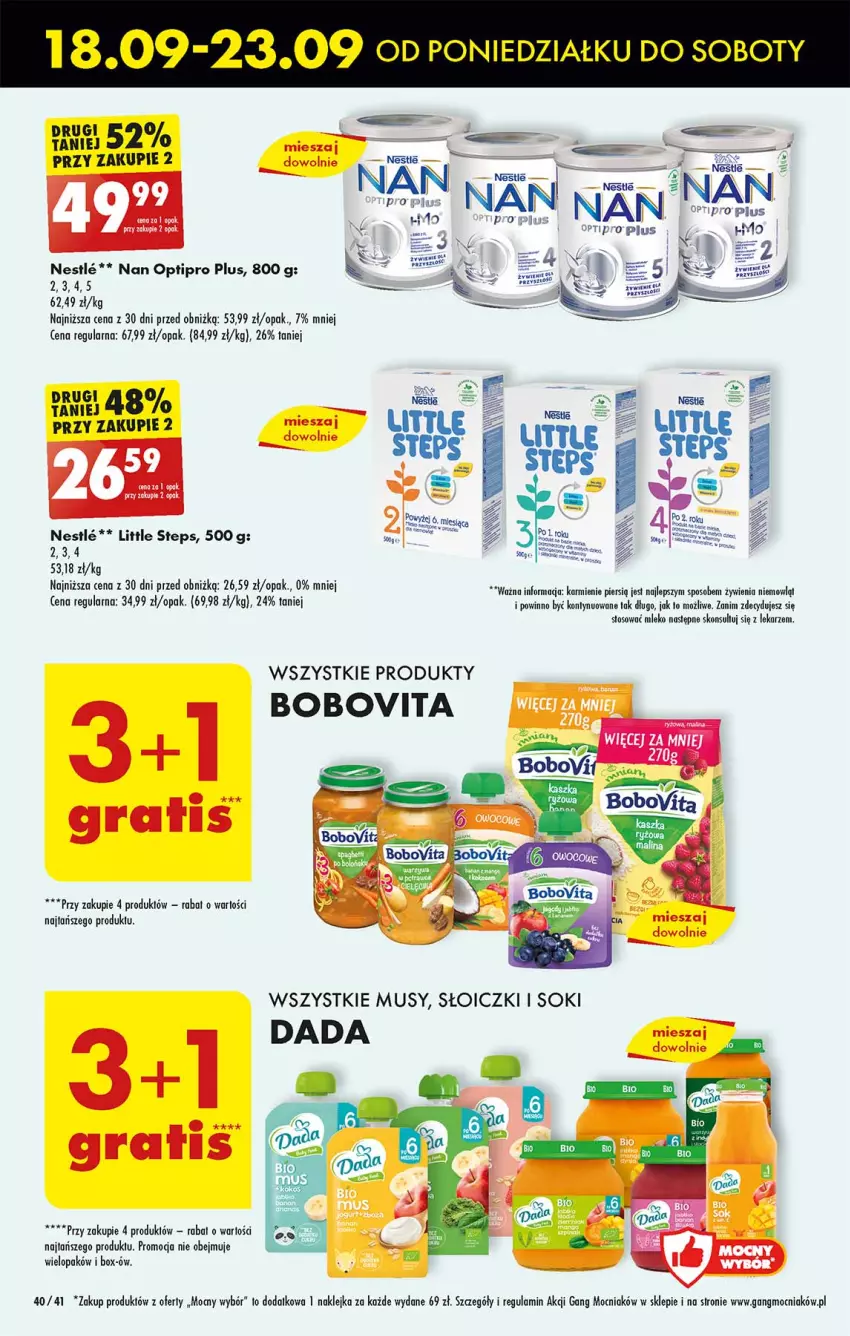 Gazetka promocyjna Biedronka - Od poniedzialku - ważna 18.09 do 23.09.2023 - strona 40 - produkty: BoboVita, Dada, Karmi, Klej, Koc, Leon, Mleko, Mus, NAN Optipro, O nas, Słoiczki, Sok