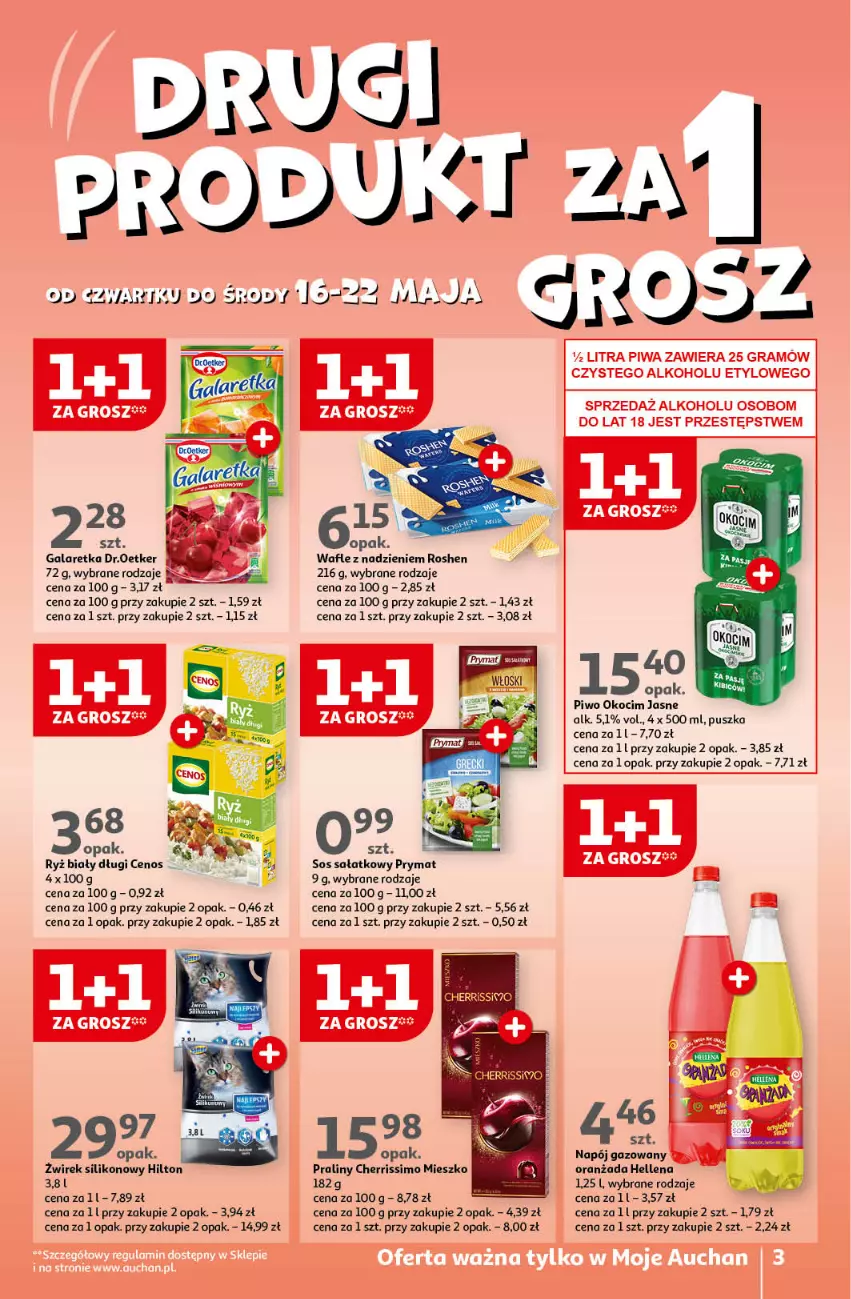 Gazetka promocyjna Auchan - Gazetka Koszyk Oszczędności Auchan Moje Auchan - ważna 16.05 do 22.05.2024 - strona 3 - produkty: Cenos, Gala, Galaretka, Hellena, Koc, Napój, Napój gazowany, Okocim, Oranżada, Piwo, Praliny, Prymat, Ryż, Ryż biały, Sałat, Sos, Wafle