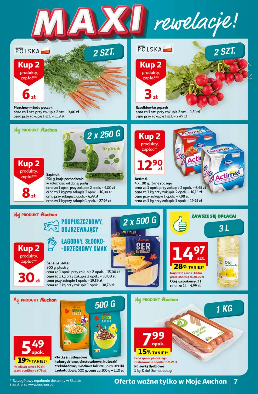 Gazetka promocyjna Auchan - Gazetka Koszyk Oszczędności Auchan Moje Auchan - ważna 16.05 do 22.05.2024 - strona 7 - produkty: Actimel, Danio, Ementaler, Mus, Olej, Olej rzepakowy, Parówki, Rzodkiewka, Ser, Szpinak