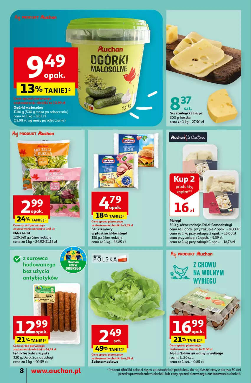 Gazetka promocyjna Auchan - Gazetka Koszyk Oszczędności Auchan Moje Auchan - ważna 16.05 do 22.05.2024 - strona 8 - produkty: Frankfurterki, Hochland, Jaja, Masło, Pierogi, Sałat, Sałata masłowa, Ser