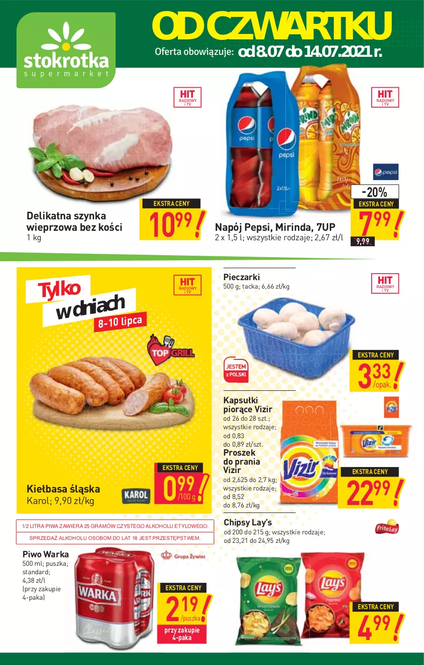 Gazetka promocyjna Stokrotka - Supermarket - ważna 08.07 do 14.07.2021 - strona 1 - produkty: 7up, Chipsy, Gra, Kiełbasa, Kiełbasa śląska, Lay’s, Mirinda, Napój, Pepsi, Piec, Piwa, Piwo, Proszek do prania, Szynka, Szynka wieprzowa, Vizir, Warka