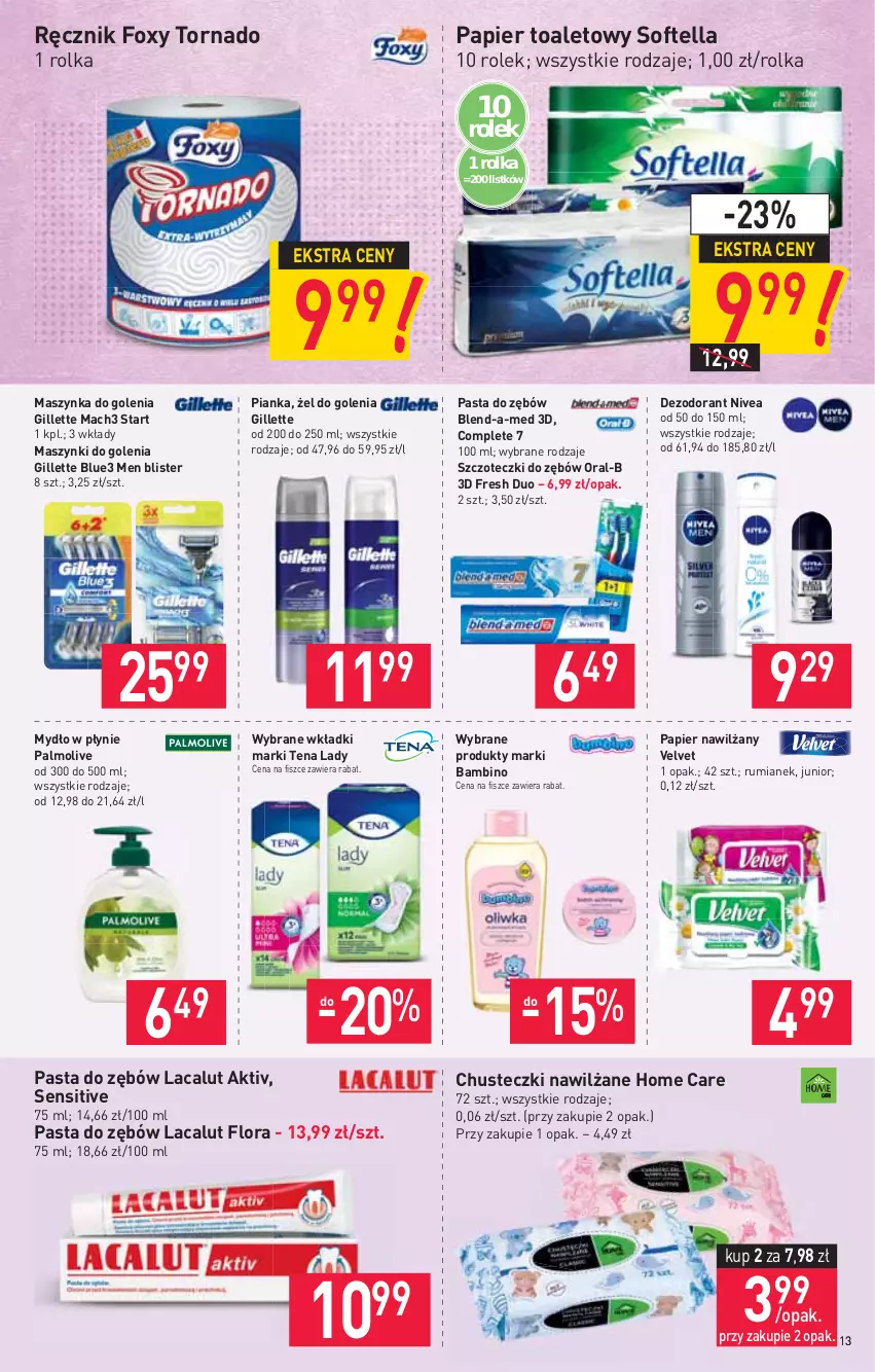 Gazetka promocyjna Stokrotka - Supermarket - ważna 08.07 do 14.07.2021 - strona 13 - produkty: Blend-a-Med, Chusteczki, Dezodorant, Flora, Foxy, Gillette, Lacalut, Mach3, Maszynka, Maszynka do golenia, Mydło, Mydło w płynie, Nivea, Palmolive, Papier, Papier toaletowy, Pasta do zębów, Ręcznik, Rum, Szynka, Velvet, Wkładki