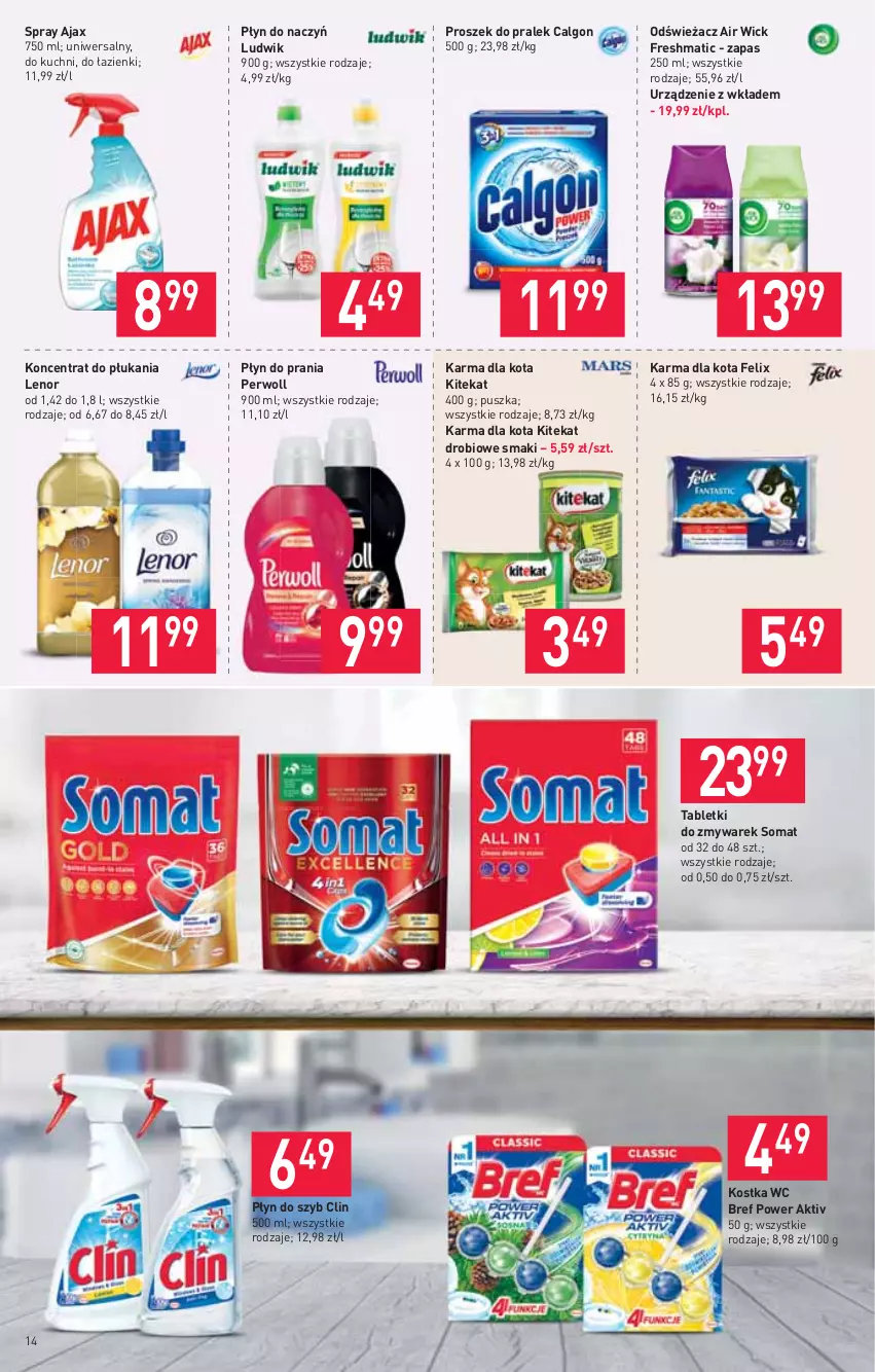 Gazetka promocyjna Stokrotka - Supermarket - ważna 08.07 do 14.07.2021 - strona 14 - produkty: Air Wick, Ajax, Bref, Calgon, Clin, Felix, KiteKat, Lenor, LG, Ludwik, Perwoll, Płyn do prania, Płyn do szyb, Somat, Tablet