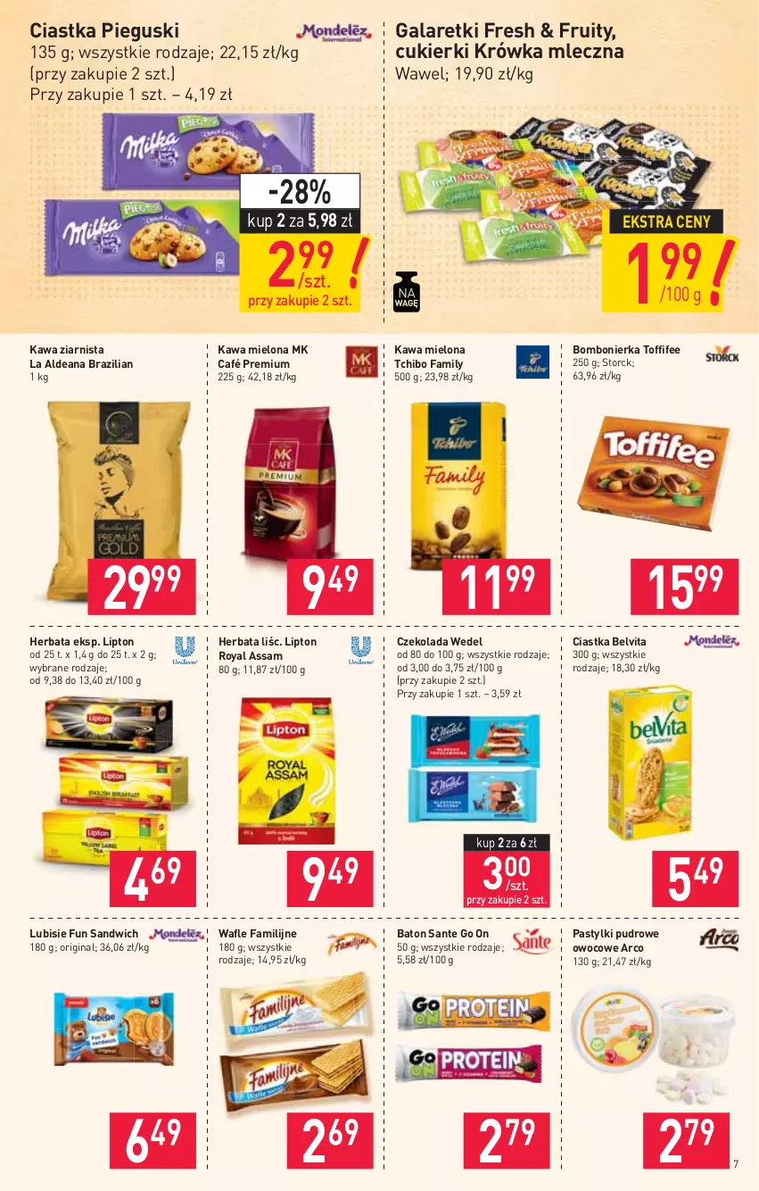 Gazetka promocyjna Stokrotka - Supermarket - ważna 08.07 do 14.07.2021 - strona 7 - produkty: Baton, BelVita, Ciastka, Cukier, Cukierki, Czekolada, Fa, Gala, Galaretki, Gin, Herbata, Kawa, Kawa mielona, Kawa ziarnista, Lipton, Lubisie, Pastylki, Sante, Tchibo, Tchibo Family, Toffifee, Wafle, Wawel