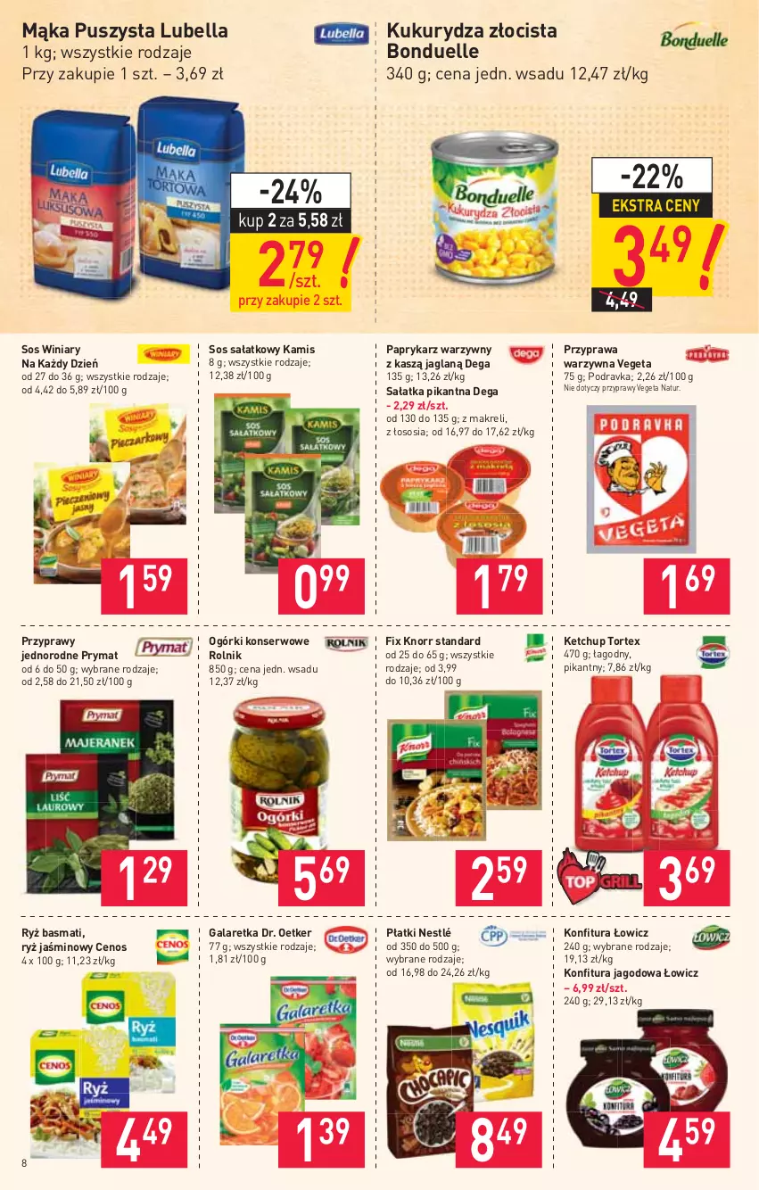 Gazetka promocyjna Stokrotka - Supermarket - ważna 08.07 do 14.07.2021 - strona 8 - produkty: Bell, Bella, Bonduelle, Cenos, Dega, Dr. Oetker, Gala, Galaretka, Kamis, Ketchup, Knorr, Konfitura, Kukurydza, Lubella, Mąka, Nestlé, Ogórki konserwowe, Papryka, Paprykarz, Podravka, Prymat, Przyprawy, Rolnik, Ryż, Ryż basmati, Sałat, Sałatka, Ser, Sos, Vegeta, Vegeta Natur, Winiary