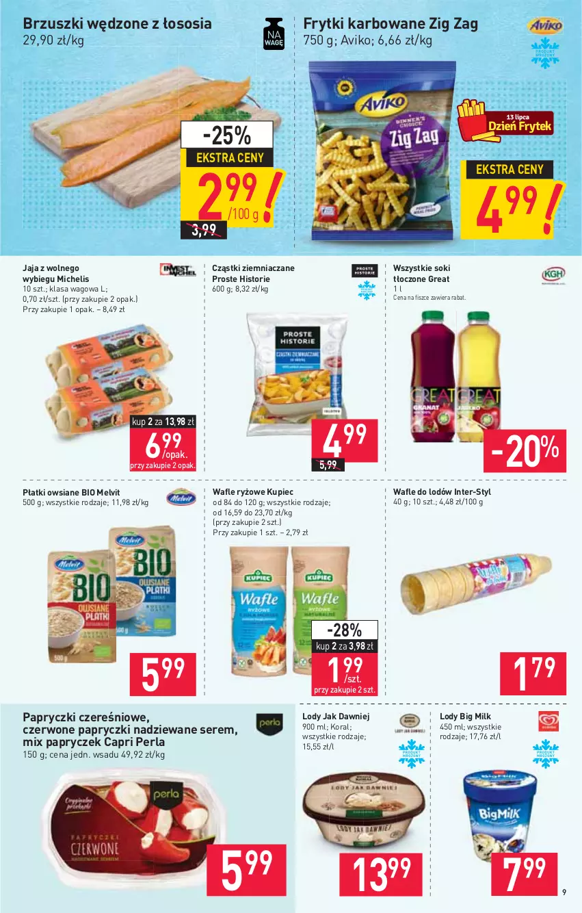 Gazetka promocyjna Stokrotka - Supermarket - ważna 08.07 do 14.07.2021 - strona 9 - produkty: Big Milk, Frytki, Jaja, Jaja z wolnego wybiegu, Kupiec, Lody, Melvit, Papryczki nadziewane, Piec, Płatki owsiane, Ryż, Ser, Sok, Sos, Wafle, Wafle do lodów