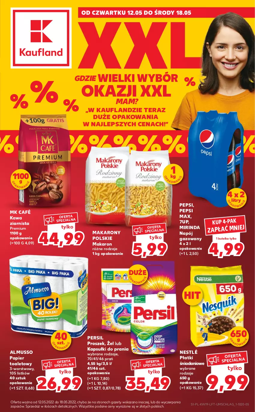 Gazetka promocyjna Kaufland - OFERTA TYGODNIA - ważna 12.05 do 18.05.2022 - strona 1 - produkty: 7up, Danio, Kapsułki do prania, Kawa, Kawa ziarnista, Makaron, Mirinda, Mus, Napój, Napój gazowany, Nestlé, Papier, Papier toaletowy, Pepsi, Pepsi max, Persil, Tera