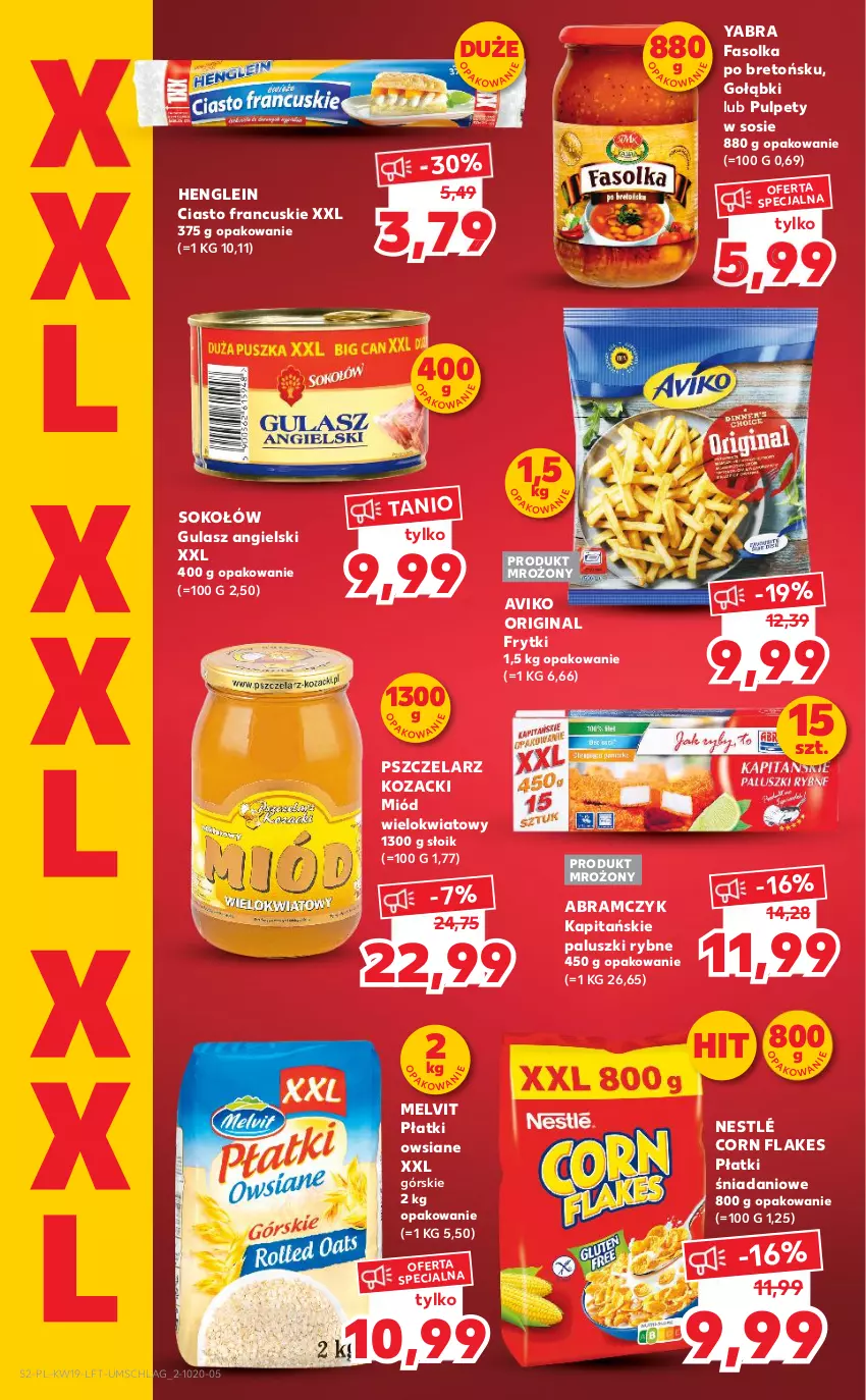 Gazetka promocyjna Kaufland - OFERTA TYGODNIA - ważna 12.05 do 18.05.2022 - strona 2 - produkty: Ciasto francuskie, Corn flakes, Danio, Fa, Frytki, Gin, Melvit, Miód, Nestlé, Paluszki rybne, Płatki owsiane, Pulpety, Sok, Sokołów, Sos