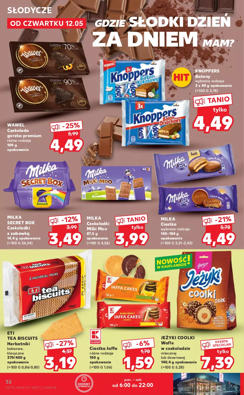 Gazetka promocyjna Kaufland - OFERTA TYGODNIA - ważna 12.05 do 18.05.2022 - strona 32 - produkty: Baton, Ciastka, Czekolada, Czekolada gorzka, Deser, Fa, Herbatniki, Jeżyki, Kakao, Knoppers, Milka, Ser, Wafle, Wawel