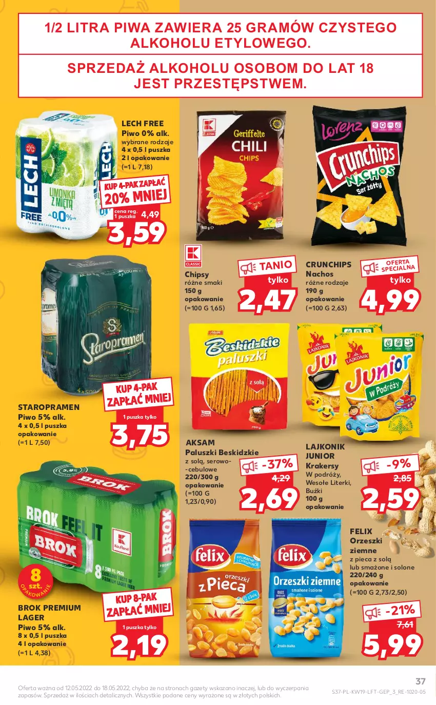 Gazetka promocyjna Kaufland - OFERTA TYGODNIA - ważna 12.05 do 18.05.2022 - strona 37 - produkty: Aksam, Beskidzki, Chipsy, Crunchips, Felix, Gra, Krakersy, Lajkonik, Orzeszki, Orzeszki ziemne, Piec, Piwa, Piwo, Ser