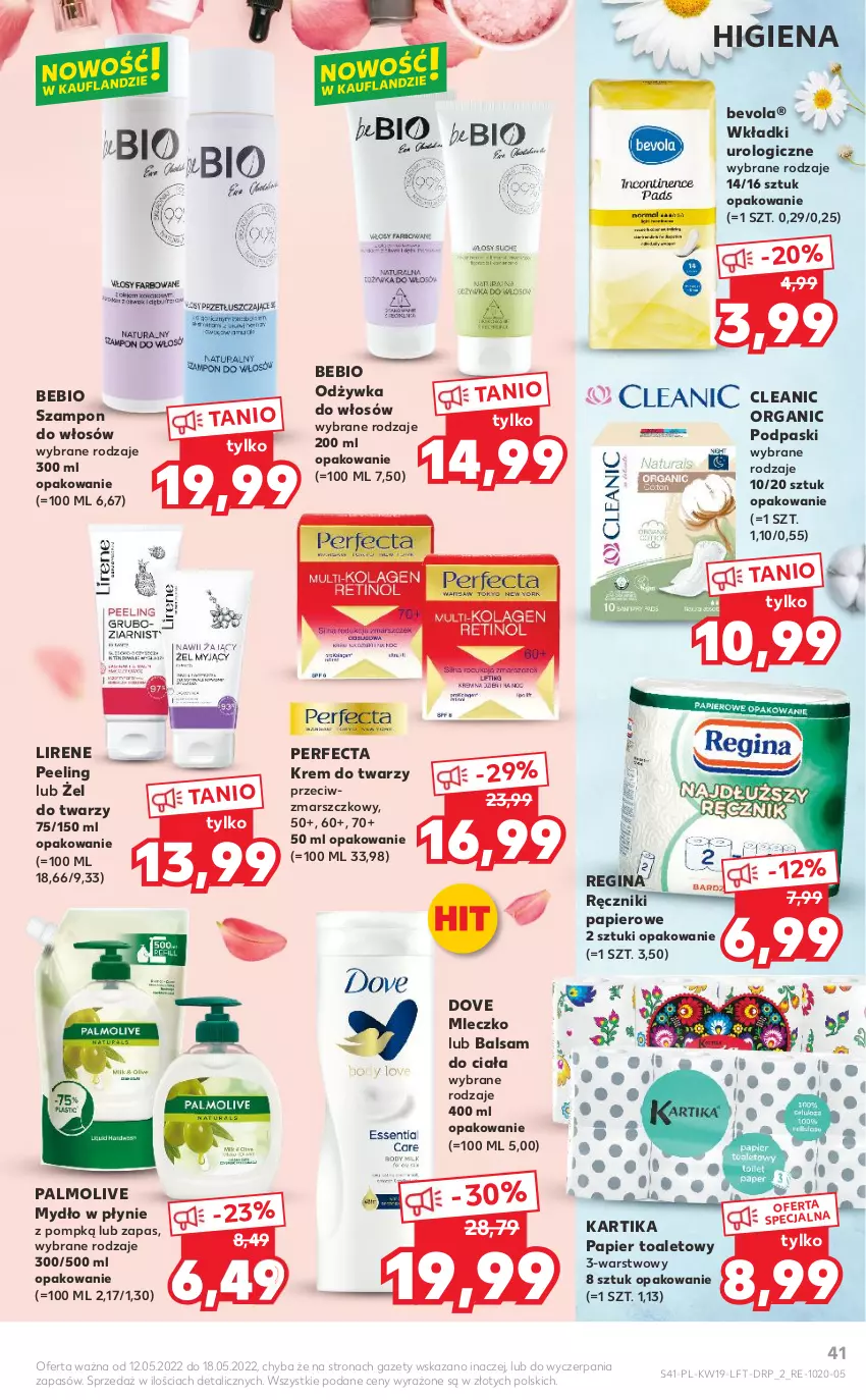 Gazetka promocyjna Kaufland - OFERTA TYGODNIA - ważna 12.05 do 18.05.2022 - strona 41 - produkty: Balsam do ciała, Cleanic, Dove, Gin, Krem do twarzy, Lirene, Mars, Mleczko, Mydło, Mydło w płynie, Odżywka, Palmolive, Papier, Papier toaletowy, Peeling, Perfecta, Podpaski, Ręcznik, Ręczniki papierowe, Szampon, Wkładki, Wkładki urologiczne