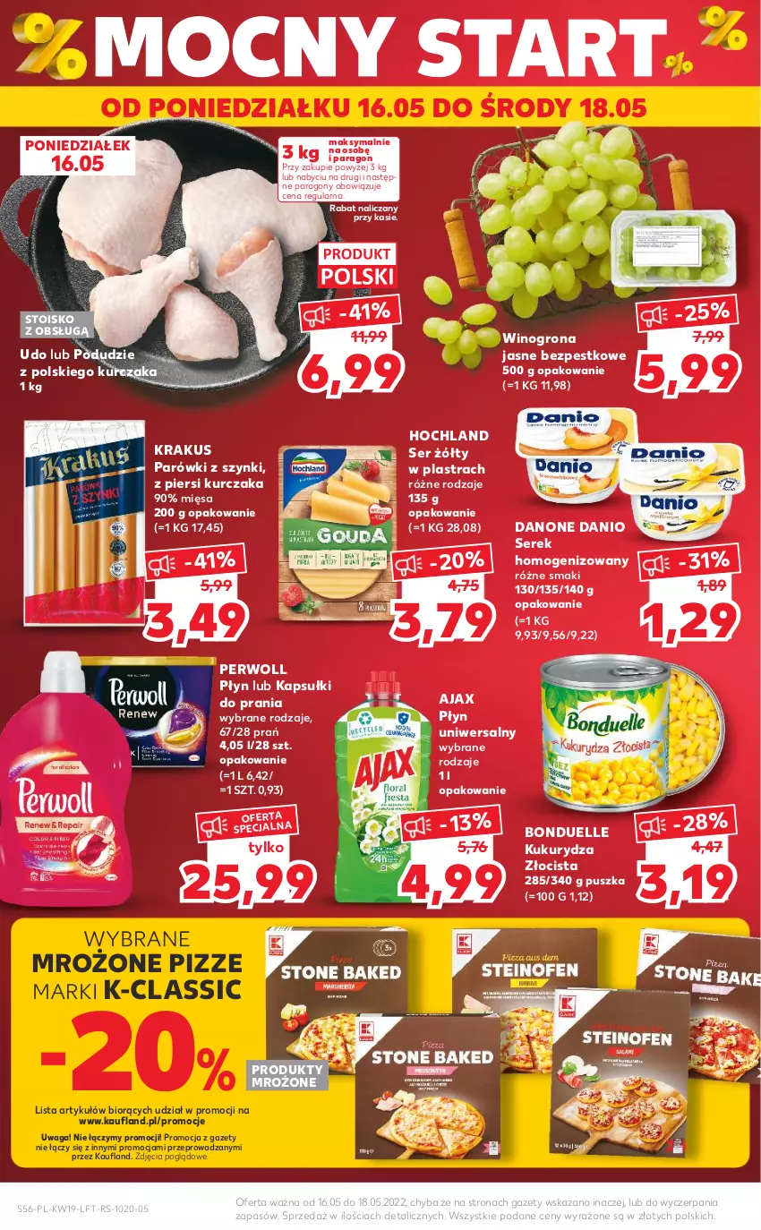 Gazetka promocyjna Kaufland - OFERTA TYGODNIA - ważna 12.05 do 18.05.2022 - strona 56 - produkty: Ajax, Bonduelle, Danio, Danone, Hochland, Kapsułki do prania, Krakus, Kukurydza, Kurczak, Parówki, Parówki z szynki, Perwoll, Produkty mrożone, Ser, Serek, Serek homogenizowany, Waga, Wino, Winogrona