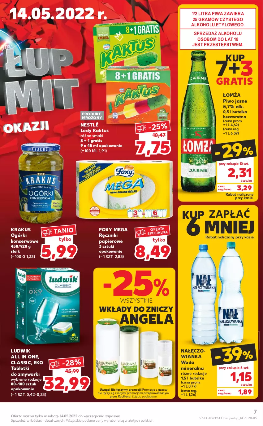 Gazetka promocyjna Kaufland - OFERTA TYGODNIA - ważna 12.05 do 18.05.2022 - strona 7 - produkty: Foxy, Gra, Kaktus, Krakus, Lody, Ludwik, Nałęczowianka, Nestlé, Ogórki konserwowe, Papier, Piwa, Piwo, Piwo jasne, Ręcznik, Ręczniki papierowe, Ser, Tablet, Tabletki do zmywarki, Waga, Woda, Woda mineralna, Zmywarki, Znicz