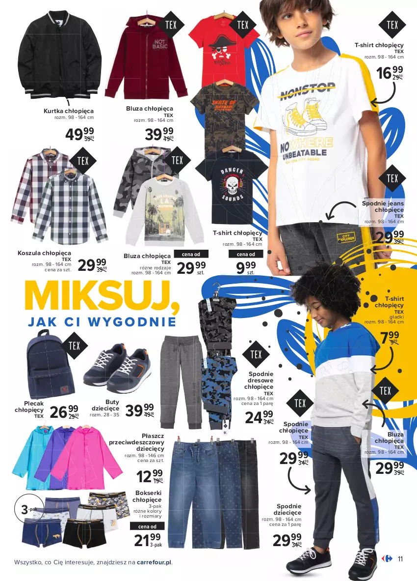 Gazetka promocyjna Carrefour - Gazetka Jest wiosna! - ważna 15.03 do 28.03.2021 - strona 11 - produkty: Bluza, Bokserki, Buty, Dres, Dzieci, Kosz, Koszula, Kurtka, Płaszcz, Plecak, Ser, Spodnie, Spodnie dresowe, Spodnie jeans, T-shirt