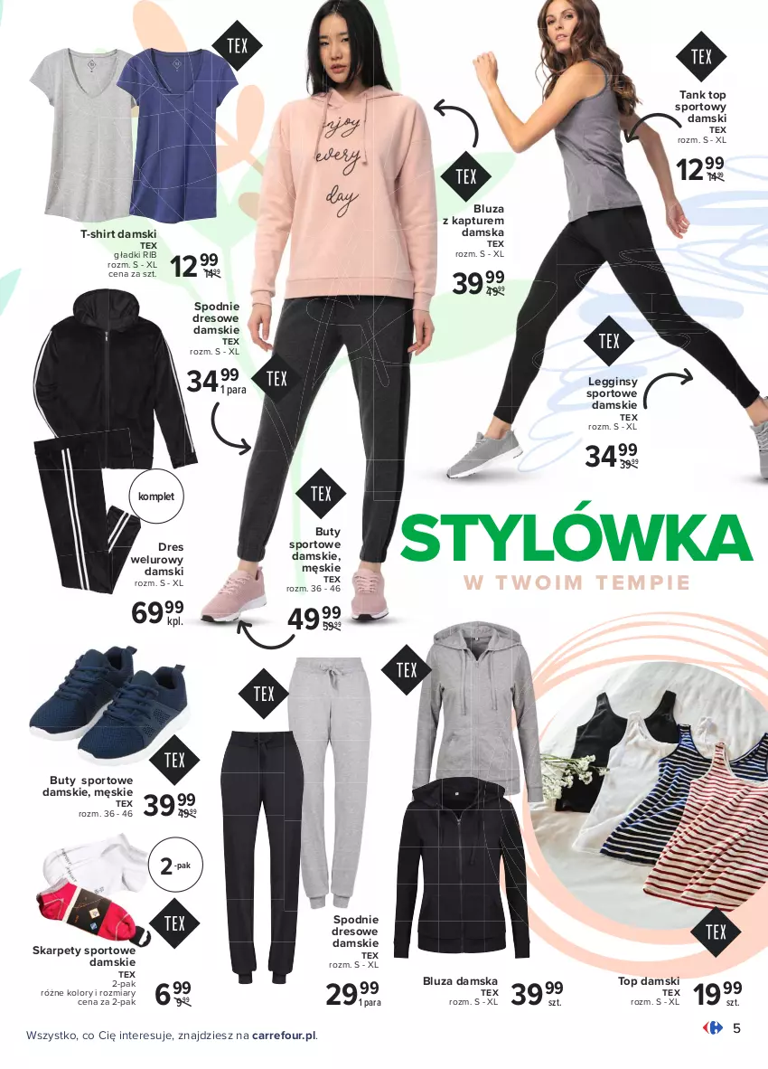 Gazetka promocyjna Carrefour - Gazetka Jest wiosna! - ważna 15.03 do 28.03.2021 - strona 5 - produkty: Bluza, Bluza z kapturem, Buty, Dres, Gin, Karp, Legginsy, Por, Spodnie, Spodnie dresowe, Sport, T-shirt, Top