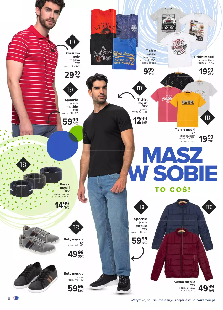 Gazetka promocyjna Carrefour - Gazetka Jest wiosna! - ważna 15.03 do 28.03.2021 - strona 8 - produkty: Buty, Kosz, Koszulka, Kurtka, Pasek, Pasek męski, Spodnie, Spodnie jeans, T-shirt