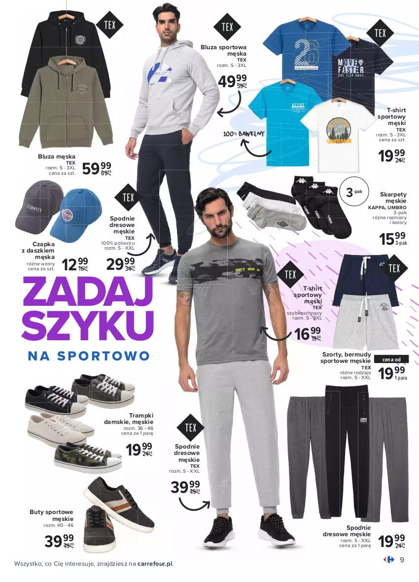 Gazetka promocyjna Carrefour - Gazetka Jest wiosna! - ważna 15.03 do 28.03.2021 - strona 9 - produkty: Bermudy, Bluza, Buty, Czapka, Dres, Karp, Por, Spodnie, Spodnie dresowe, Sport, Szorty, T-shirt, Trampki