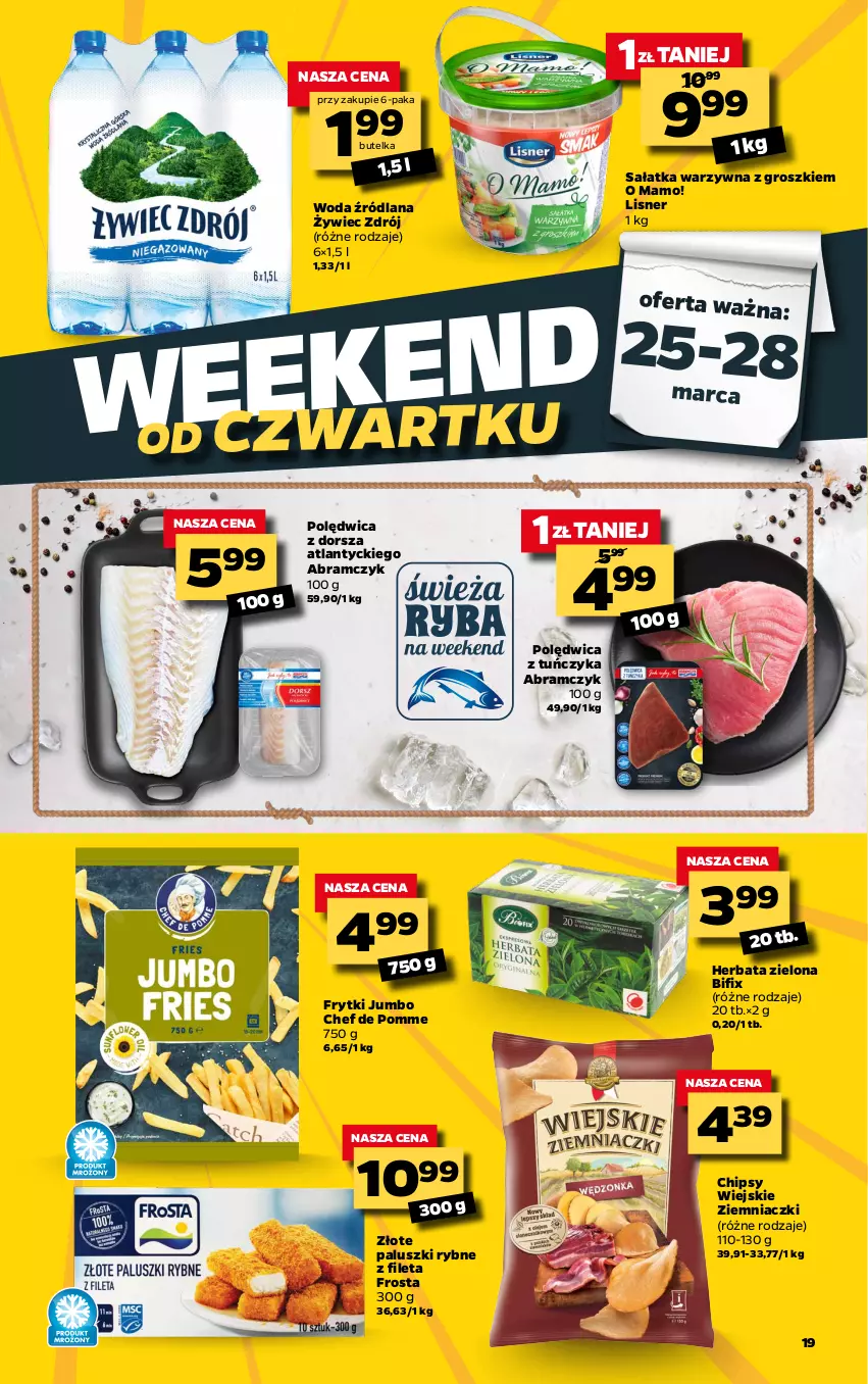 Gazetka promocyjna Netto - Gazetka spożywcza - ważna 22.03 do 28.03.2021 - strona 19 - produkty: Chipsy, Dorsz, Frosta, Frytki, Herbata, LANA, Lisner, Paluszki rybne, Polędwica, Sałat, Sałatka, Sałatka warzywna, Tuńczyk, Woda