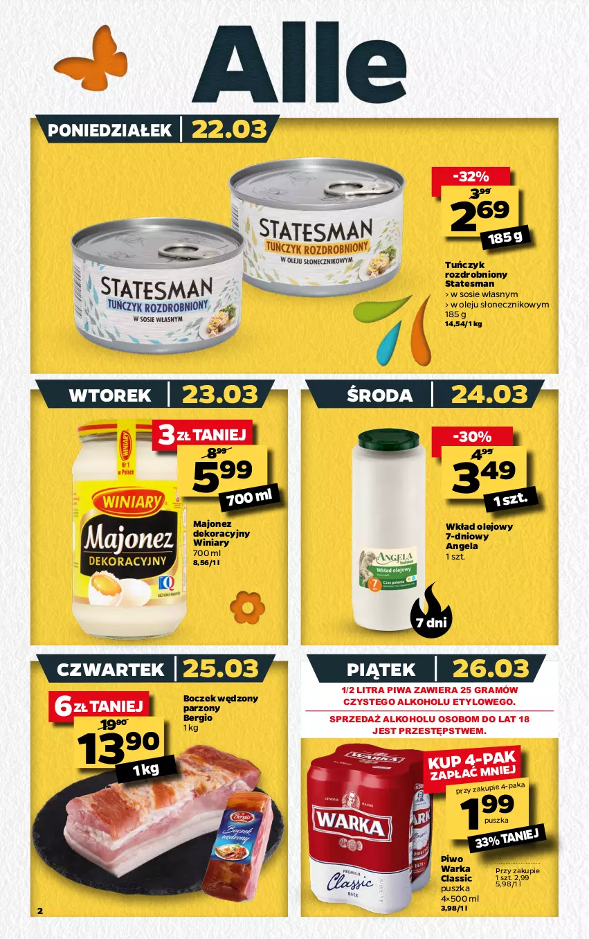 Gazetka promocyjna Netto - Gazetka spożywcza - ważna 22.03 do 28.03.2021 - strona 2 - produkty: Boczek, Gra, Majonez, Olej, Piwa, Piwo, Sos, Tuńczyk, Warka, Winiary, Wkład olejowy