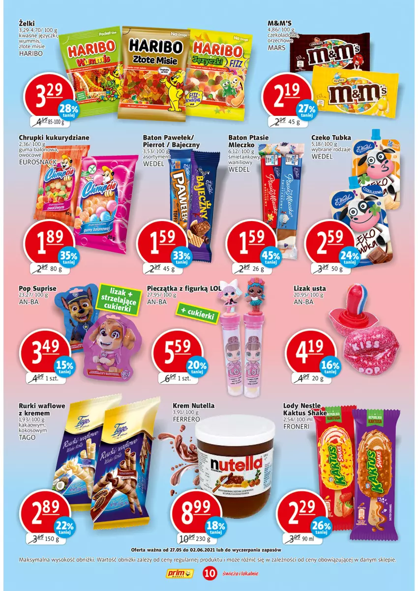 Gazetka promocyjna Prim Market - Gazetka - ważna 27.05 do 02.06.2021 - strona 10 - produkty: Baton, Chrupki, Czeko tubka, Ferrero, Haribo, Kakao, Kokos, Nutella, Piec, Pieczątka, Rurki, Tago