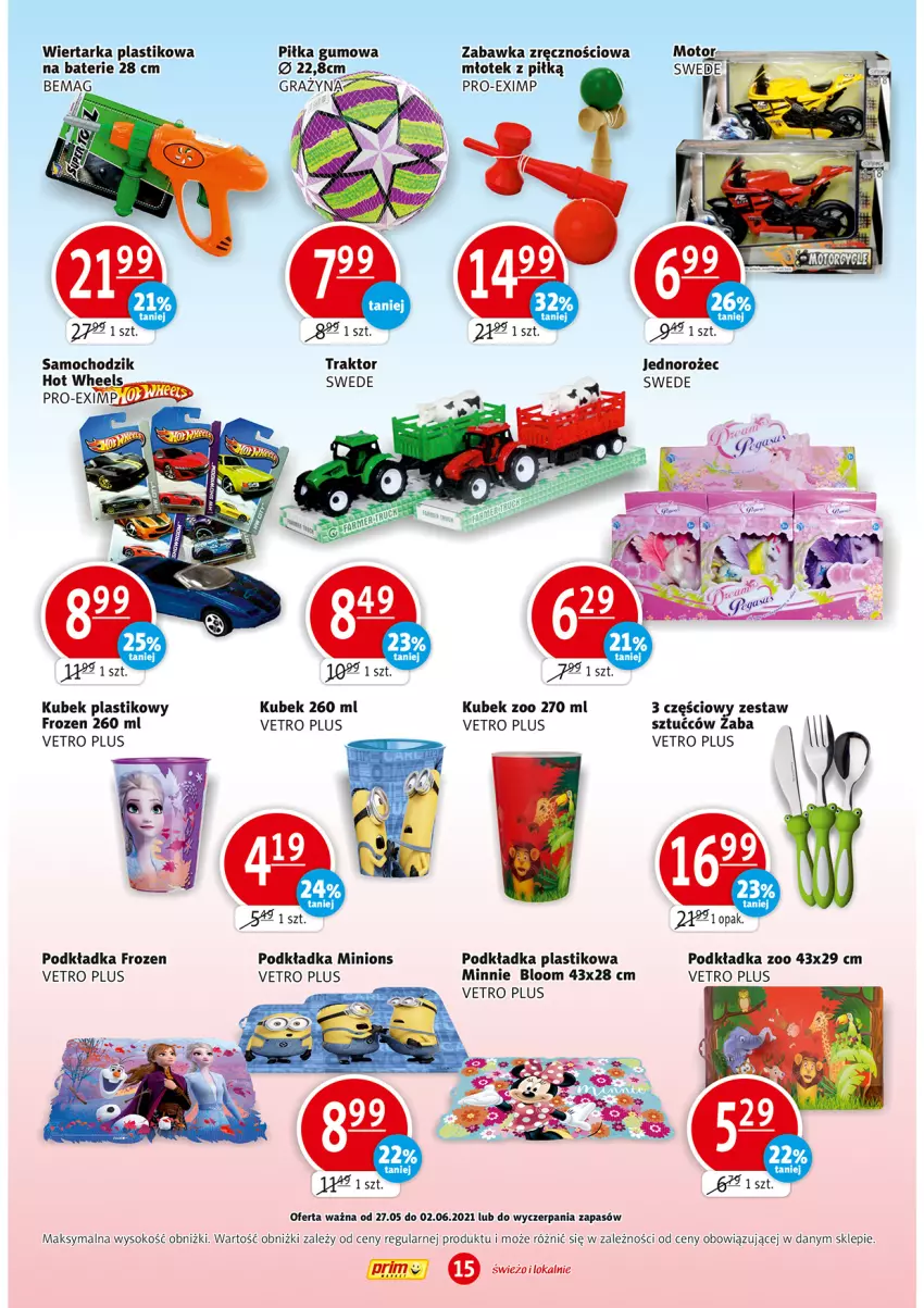 Gazetka promocyjna Prim Market - Gazetka - ważna 27.05 do 02.06.2021 - strona 15 - produkty: Chodzik, Frozen, Gra, Hot Wheels, Jednorożec, Kubek, Minnie, Młot, Młotek, Podkład, Podkładka, Sok, Tarka, Wiertarka, Zabawka