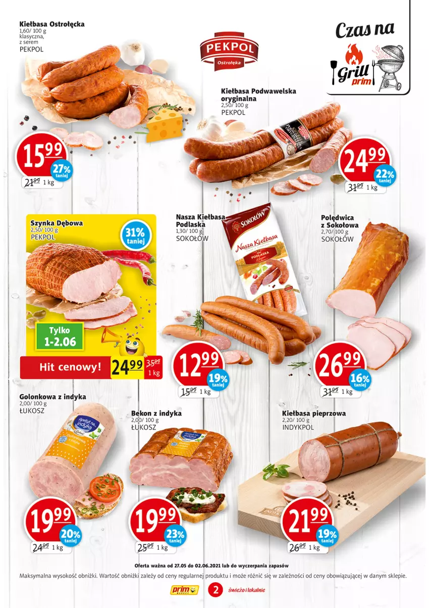 Gazetka promocyjna Prim Market - Gazetka - ważna 27.05 do 02.06.2021 - strona 2 - produkty: Beko, Gin, Kiełbasa, Kiełbasa podwawelska, Kosz, Pekpol, Pieprz, Ser, Sok, Sokołów, Szynka, Wawel