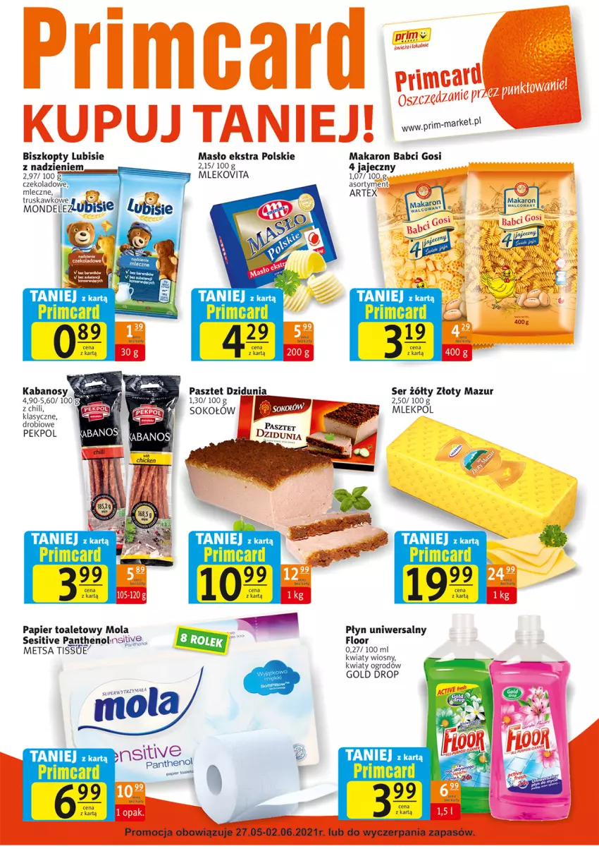 Gazetka promocyjna Prim Market - Gazetka - ważna 27.05 do 02.06.2021 - strona 7 - produkty: Biszkopty, Kabanos, Lubisie, Makaron, Masło, Mleko, Mlekovita, Mola, Papier, Papier toaletowy, Pasztet, Pekpol, Ser, Sok, Sokołów, Złoty Mazur