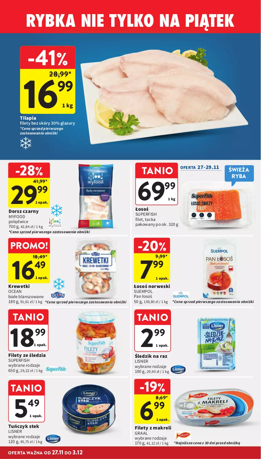 Gazetka promocyjna Intermarche - Gazetka Intermarche - ważna 27.11 do 03.12.2025 - strona 41 - produkty: Dorsz, Gra, Graal, Krewetki, Lazur, Lisner, Ryba, Stek, Suempol, Tilapia, Tuńczyk