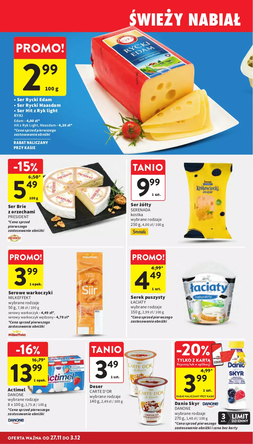 Gazetka promocyjna Intermarche - Gazetka Intermarche - ważna 27.11 do 03.12.2025 - strona 43 - produkty: Actimel, Brie, Carte d'Or, Danio, Danone, Deser, Edam, Koc, Maasdam, Rycki Edam, Ser, Serek, Serek puszysty