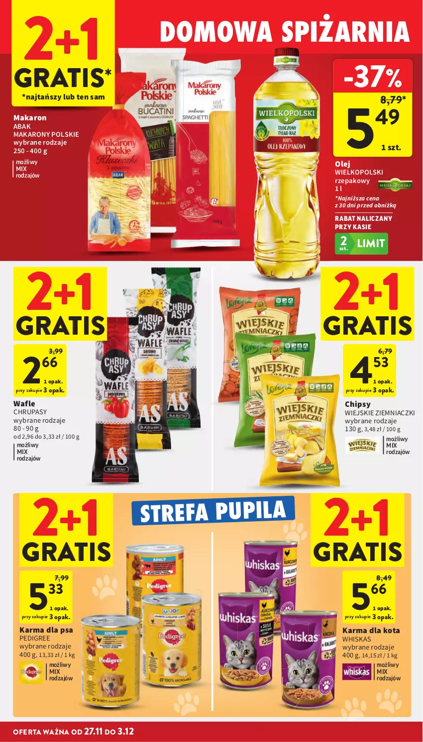 Gazetka promocyjna Intermarche - Gazetka Intermarche - ważna 27.11 do 03.12.2025 - strona 45 - produkty: Chipsy, Fa, Gra, Makaron, Olej, Pedigree, Wafle, Whiskas