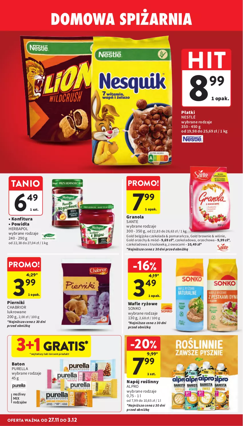 Gazetka promocyjna Intermarche - Gazetka Intermarche - ważna 27.11 do 03.12.2025 - strona 47 - produkty: Alpro, Baton, Brownie, Chabrior, Czekolada, Gra, Granola, Herbapol, Konfitura, LG, Miód, Napój, Napój roślinny, Nestlé, Piernik, Pur, Ryż, Sante, Sonko, Wafle