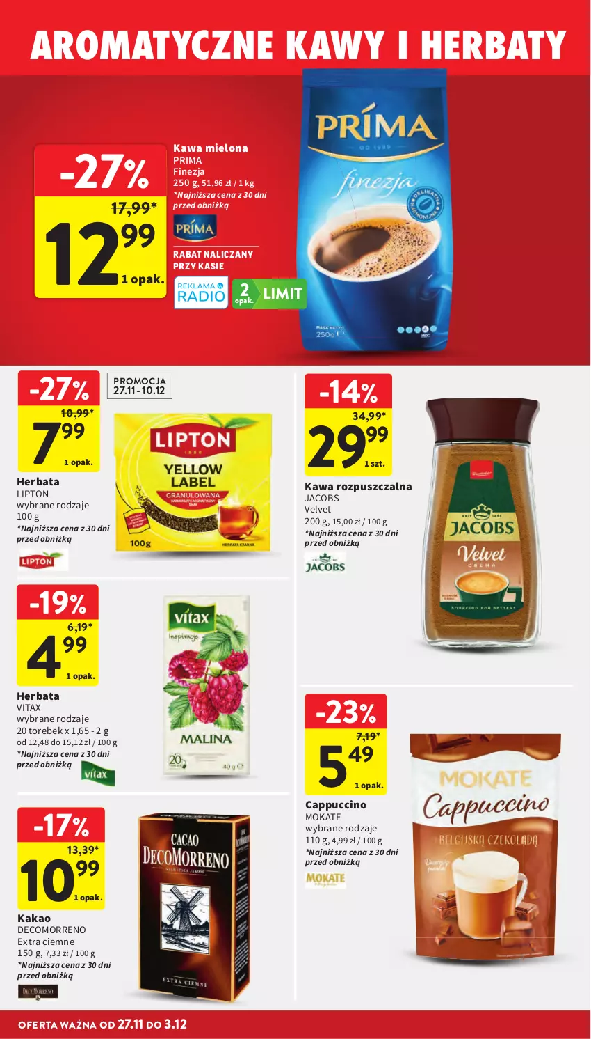 Gazetka promocyjna Intermarche - Gazetka Intermarche - ważna 27.11 do 03.12.2025 - strona 51 - produkty: Cappuccino, Herbata, Jacobs, Jacobs Velvet, Kakao, Kawa, Kawa mielona, Kawa rozpuszczalna, Lipton, Prima, Velvet, Vitax