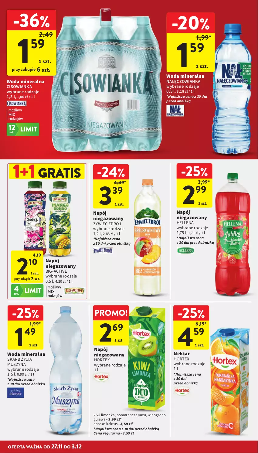 Gazetka promocyjna Intermarche - Gazetka Intermarche - ważna 27.11 do 03.12.2025 - strona 53 - produkty: Ananas, Cisowianka, Gra, Hellena, Hortex, Kaktus, Kiwi, Limonka, Mus, Nałęczowianka, Napój, Napój niegazowany, Nektar, Szyna, Wino, Woda, Woda mineralna