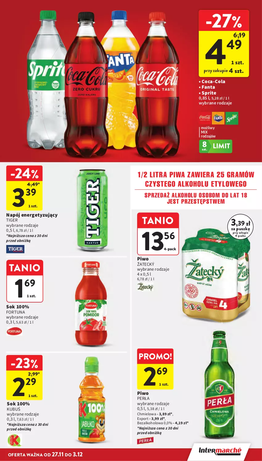 Gazetka promocyjna Intermarche - Gazetka Intermarche - ważna 27.11 do 03.12.2025 - strona 54 - produkty: Coca-Cola, Fa, Fanta, Fortuna, Gra, Kubuś, Napój, Perła, Piwa, Piwo, Por, Sok, Sprite, Tiger