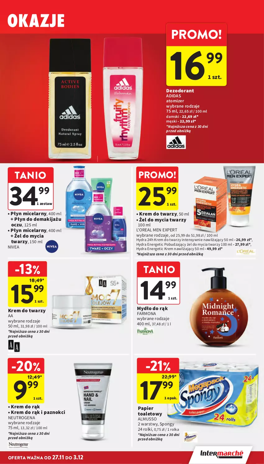 Gazetka promocyjna Intermarche - Gazetka Intermarche - ważna 27.11 do 03.12.2025 - strona 56 - produkty: Adidas, Dezodorant, Fa, Krem do rąk, Krem do twarzy, Krem nawilżający, Makijaż, Mus, Mydło, Neutrogena, Nivea, Papier, Papier toaletowy, Płyn micelarny, Rolki