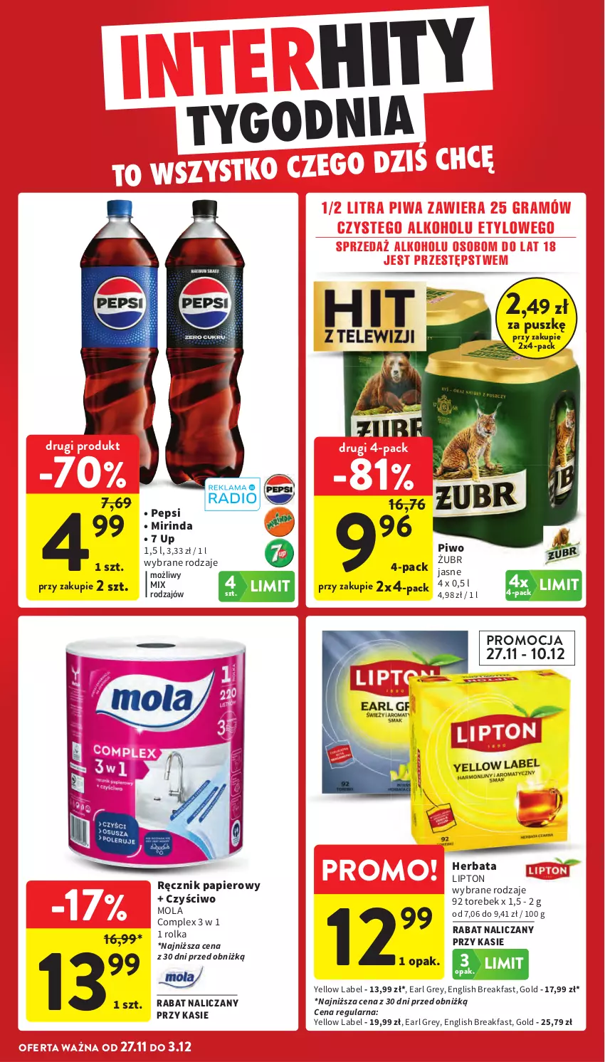 Gazetka promocyjna Intermarche - Gazetka Intermarche - ważna 27.11 do 03.12.2025 - strona 9 - produkty: Earl Grey, Fa, Gra, Herbata, Lipton, Mirinda, Mola, Papier, Pepsi, Piwa, Piwo, Ręcznik