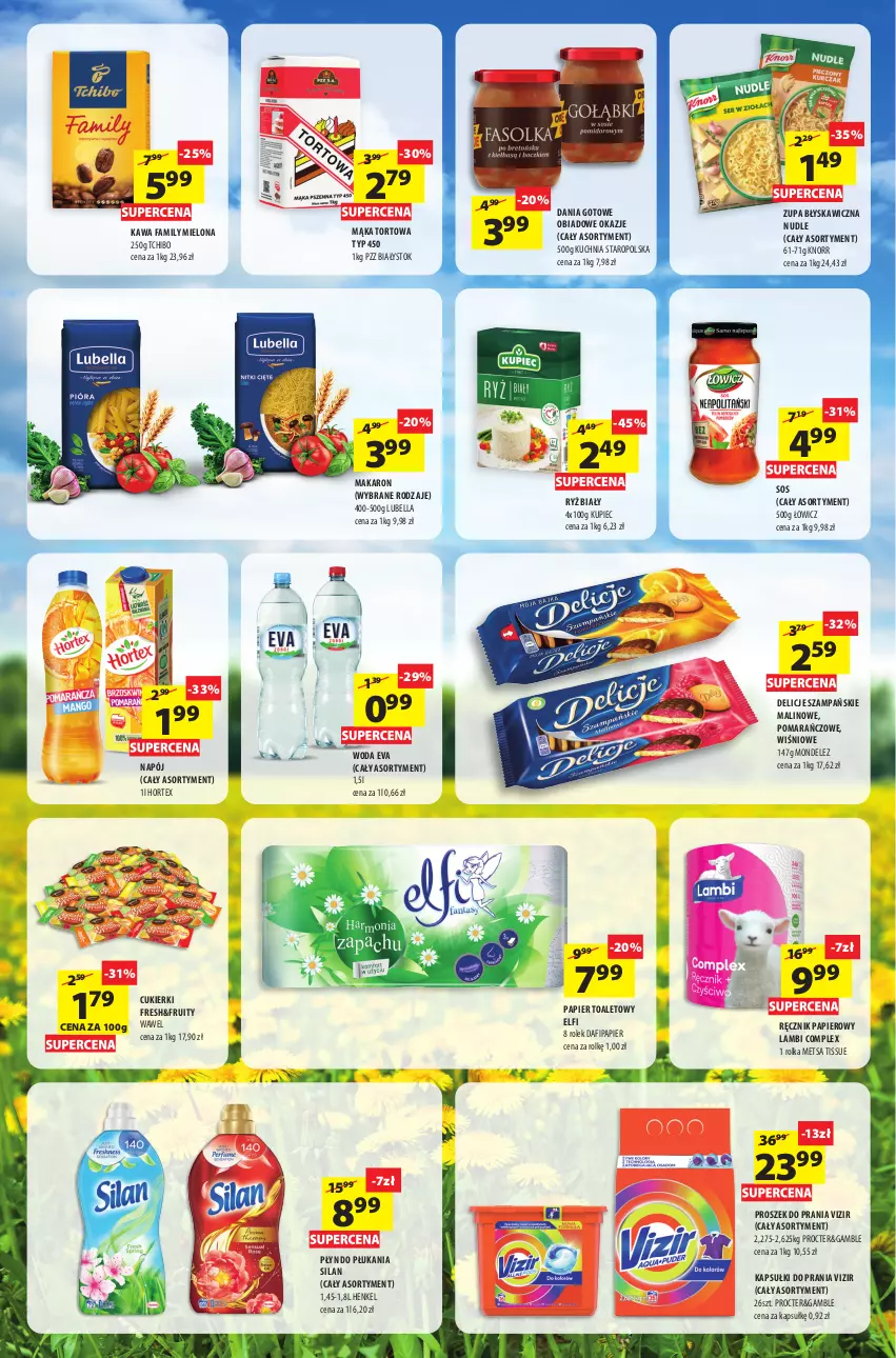 Gazetka promocyjna Arhelan - Gazetka - ważna 04.07 do 09.07.2022 - strona 2 - produkty: Bell, Bella, Cukier, Cukierki, Dania gotowe, Delicje, Fa, Hortex, Kapsułki do prania, Kawa, Knorr, Kuchnia, Kuchnia Staropolska, Kupiec, Lubella, Mąka, Mąka tortowa, Makaron, Napój, Papier, Papier toaletowy, Piec, Płyn do płukania, Proszek do prania, Ręcznik, Ryż, Ryż biały, Silan, Sos, Tchibo, Vizir, Wawel, Woda, Zupa