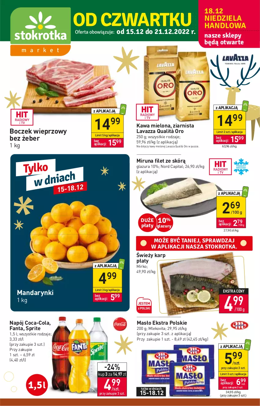 Gazetka promocyjna Stokrotka - Market - ważna 15.12 do 21.12.2022 - strona 1 - produkty: Boczek, Boczek wieprzowy, Coca-Cola, Fa, Fanta, Glazura, Karp, Kawa, Kawa mielona, Lavazza, Lazur, Mandarynki, Masło, Miruna, Mleko, Mlekovita, Napój, Sprite