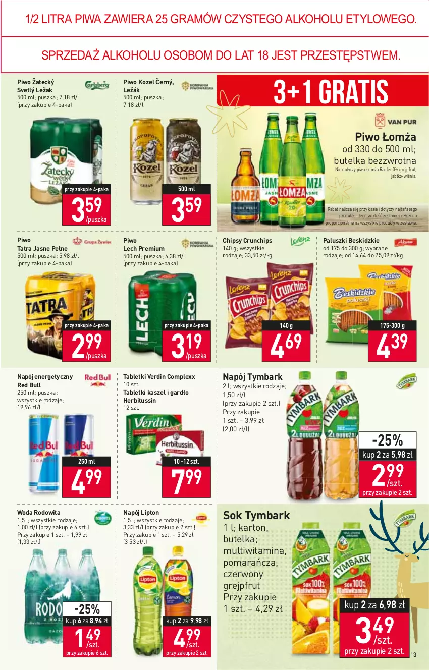 Gazetka promocyjna Stokrotka - Market - ważna 15.12 do 21.12.2022 - strona 13 - produkty: Beskidzki, Chipsy, Crunchips, Gra, Grejpfrut, Kozel, Lech Premium, Lipton, Napój, Napój energetyczny, Piwa, Piwo, Por, Radler, Red Bull, Sok, Tablet, Tatra, Tymbark, Woda