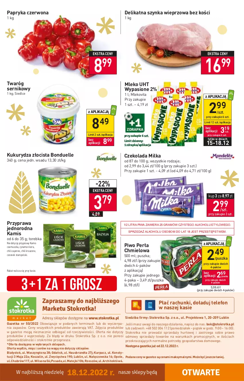 Gazetka promocyjna Stokrotka - Market - ważna 15.12 do 21.12.2022 - strona 16 - produkty: Bonduelle, Czekolada, Czosnek, Gra, Kamis, Karp, Kosz, Kukurydza, Milka, Mleko, Mlekovita, O nas, Papryka, Papryka czerwona, Perła, Piwa, Piwo, Przyprawy, Ser, Szal, Szynka, Szynka wieprzowa, Telefon, Torebka, Twaróg, Wagi, Wilson