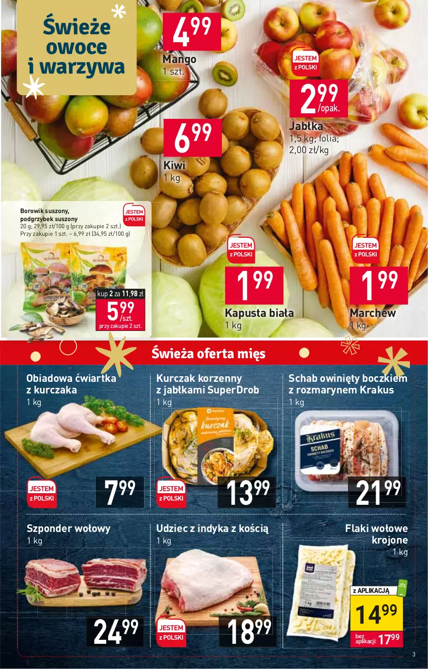 Gazetka promocyjna Stokrotka - Market - ważna 15.12 do 21.12.2022 - strona 3 - produkty: Flaki, Flaki wołowe, Jabłka, Kiwi, Krakus, Kurczak, Mango, Szponder wołowy, Udziec z indyka