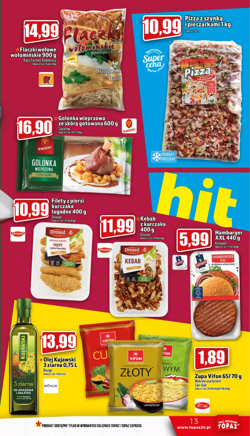 Gazetka promocyjna Topaz - Gazetka - ważna 05.01 do 11.01.2023 - strona 13 - produkty: Burger, Hamburger, Kebab, Kurczak, Olej, Piec, Pieczarka, Pizza, Sałat, Top, Zupa