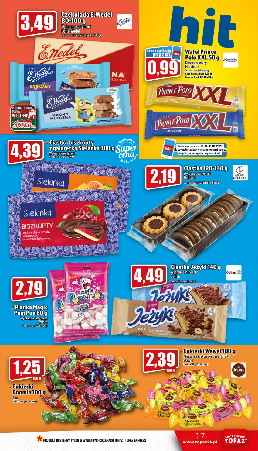 Gazetka promocyjna Topaz - Gazetka - ważna 05.01 do 11.01.2023 - strona 17 - produkty: Biszkopty, Ciastka, Cukier, Cukierki, Czekolada, Jeżyki, LG, Prince Polo, Top, Wawel