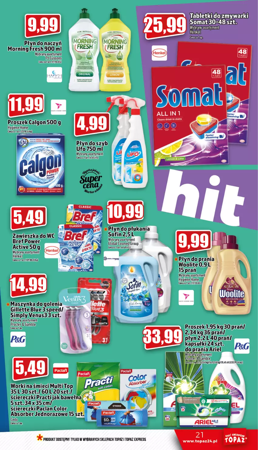 Gazetka promocyjna Topaz - Gazetka - ważna 05.01 do 11.01.2023 - strona 21 - produkty: Ariel, Bref, Calgon, Gillette, LG, Maszynka, Płyn do płukania, Płyn do prania, Somat, Szynka, Top, Woolite