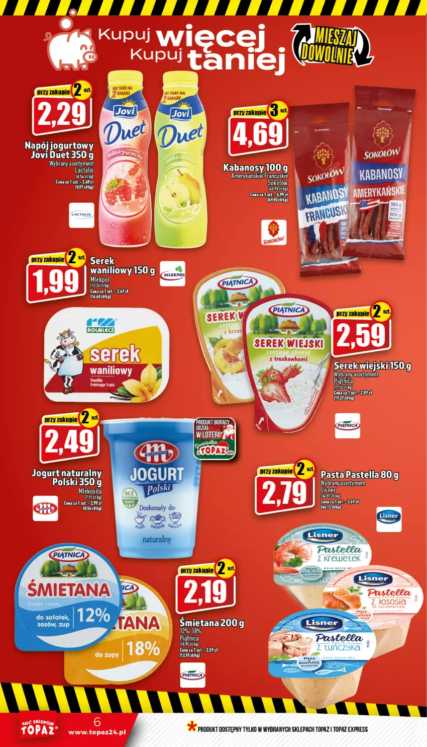 Gazetka promocyjna Topaz - Gazetka - ważna 05.01 do 11.01.2023 - strona 6 - produkty: Jogurt, Koc, Lisner, Napój, Napój jogurtowy, Pastella, Piątnica, Sok, Sokołów, Sos, Top, Tuńczyk